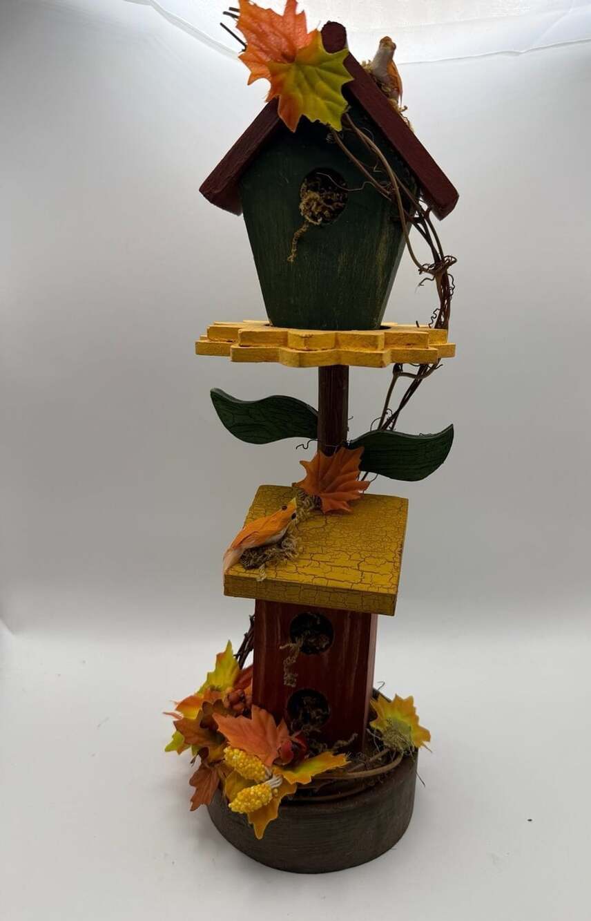 Small Wooden Standing Decorative Fall Birdhouse with Autumn Leaves and Bird